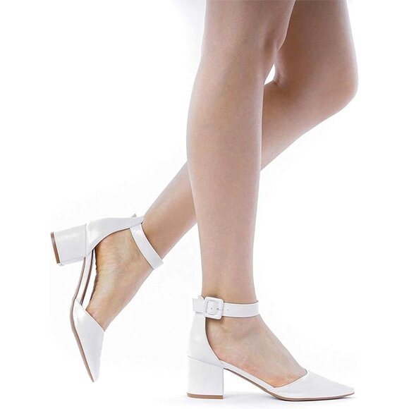 🆕 Women White Chunky Closed Toe Low Block Heels Dress Pointed Ankle Strap Pump - Picture 6 of 9